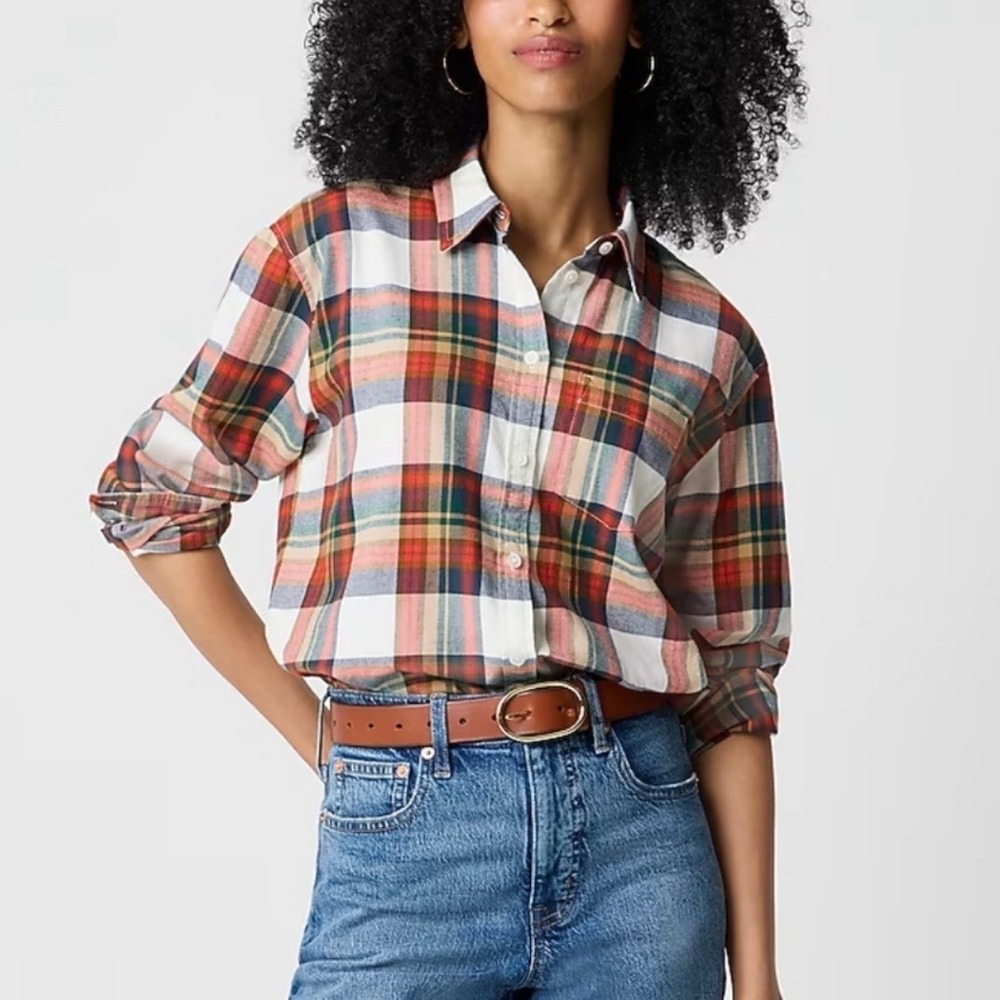 J.‎ Crew Ivory Red Plaid Button Down Shirt Medium